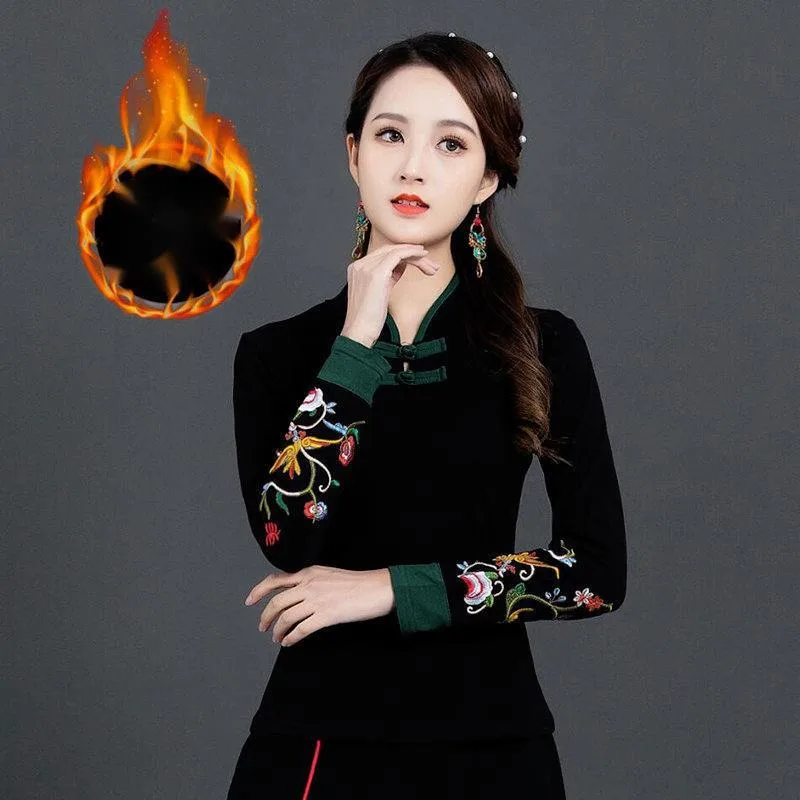 

Женские рубашки с длинными рукавами и цветочной вышивкой в этническом стиле, топы в китайском стиле, хлопковая футболка с воротником-стойкой и пуговицами ручной работы