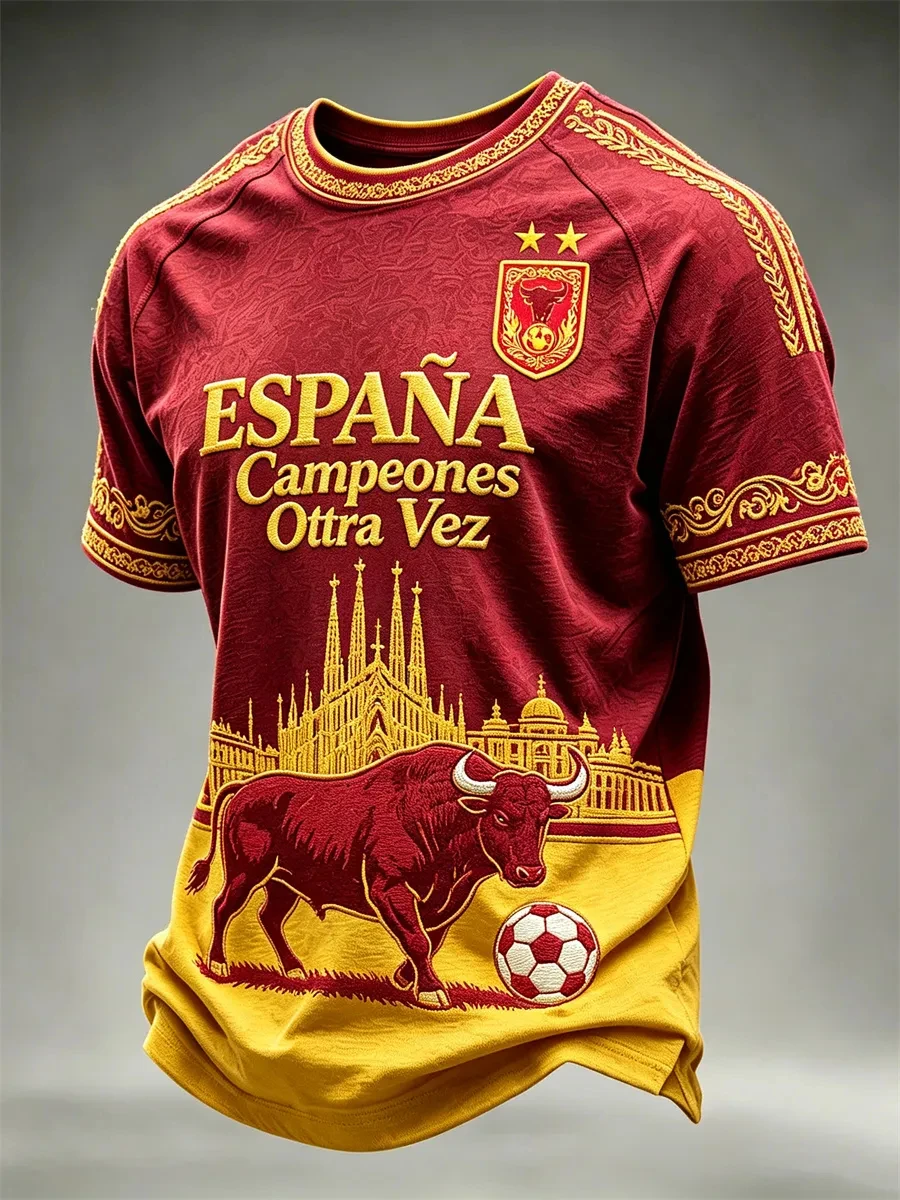 Maillot de football pour homme « Spain Champions Again » – Rouge et or avec motif taureau – Col rond, manches courtes – T-shirt décontracté pour supporters, idéal pour le sport et l'été