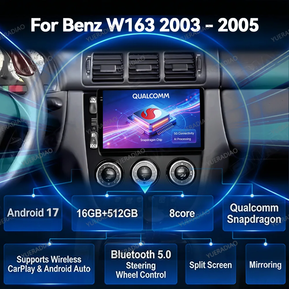 Android 17 Car Radio For Mercedes Benz M-Class W163 ML 1997 - 2005 Qualcomm 5G WIFI GPS Wireless Carplay Auto DSP Multimedia BT