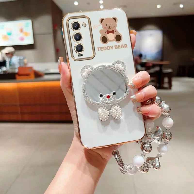 Camon15 Camon18 Bow Bear Mirror Pearl Strap Bracelet Plating Phone Case On For Tecno Camon 15 16 18 19 Neo Stand Back Cover