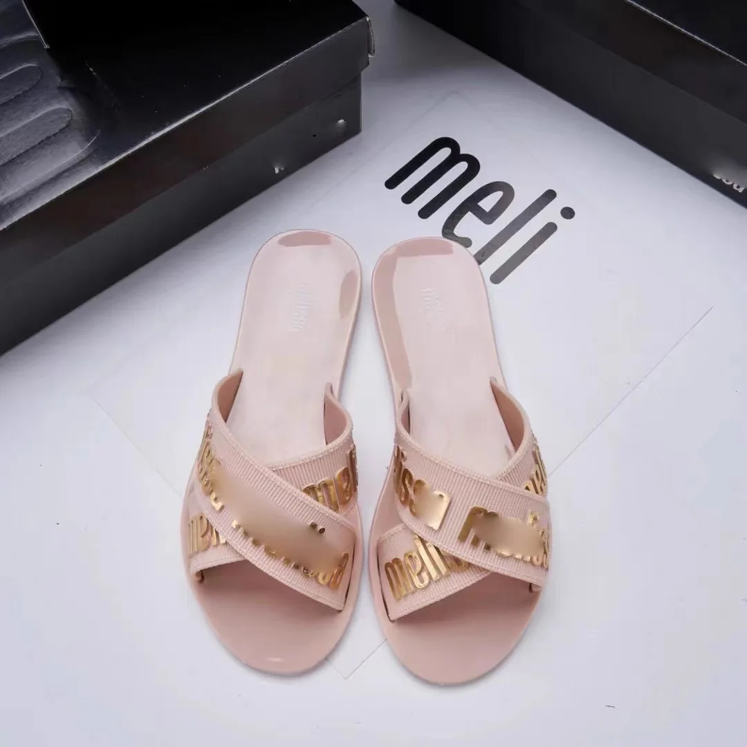 Mini Melissa Herringbone Slippers Summer 2024 Ladies Bow Flat Bottom Flip Flop Outdoor Beach Vacation Shoes Female Sandals