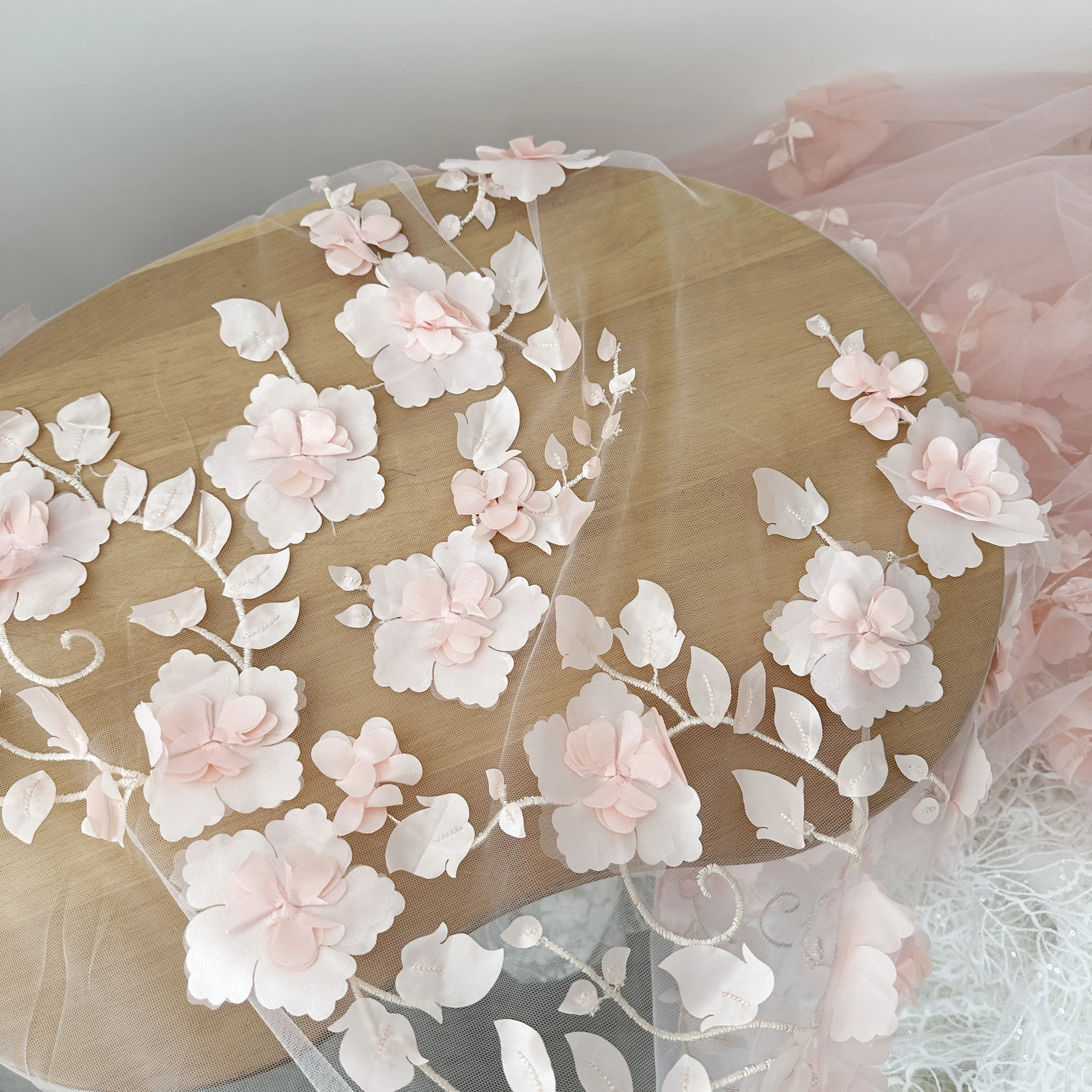 

This Fabric Combines Handmade Pink and White Decals with Mesh Lace, Making It Suitable for DIY Wedding Dresses and Formal Gowns