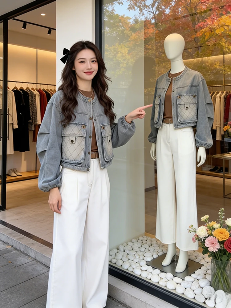 

Retro American ort Denim Jaet Women's Spring New Small Commute Simple Coat Cleanfit Loose Sle Long Sve Thin Model