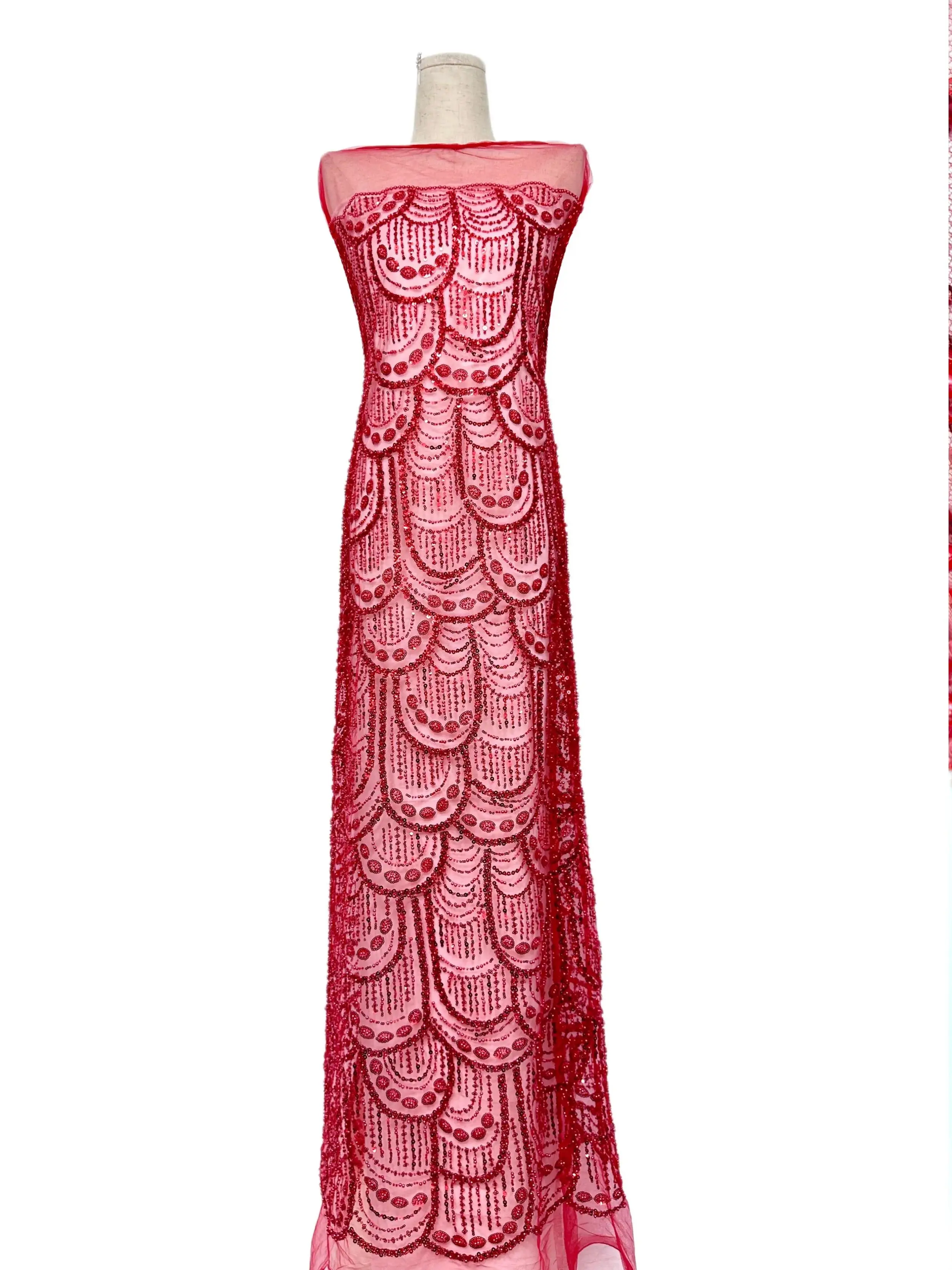 

Red Color Bridal Wedding Luxury Beaded Embroidery French Tulle Lace for African Groom Sequin Beads Mesh Fabric In High Quality