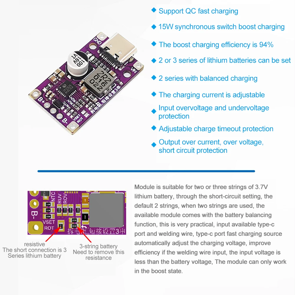 Multi-Cell 2S 3S Type-C USB Boost Converter Step-Up Power Module LiPo Polymer Li-Ion Charger Protection Board