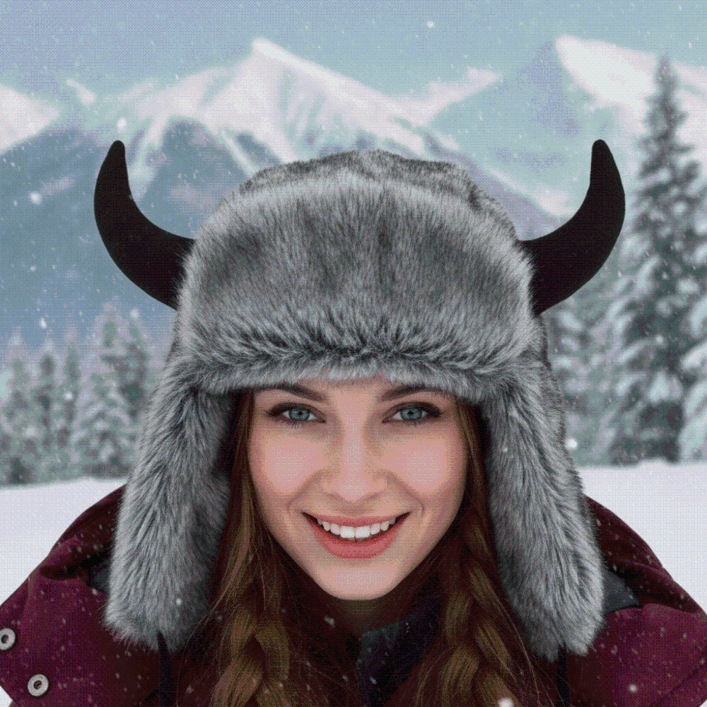 Mink Texture Faux Fur Hat Windproof Fabric Thickened Lining Ear Flap Headwear Adjustable Strap Solid Pattern Bull Horns Bonnet
