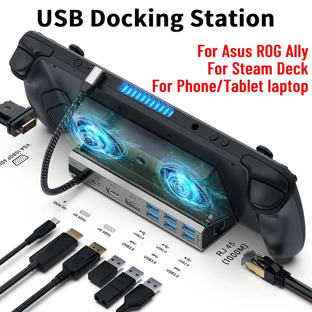 

USB Docking Station For Asus ROG Ally/Steam Deck with HDMI-compatible 4K@60Hz, 100W PD Charging, Gigabit Ethernet Dock HUB