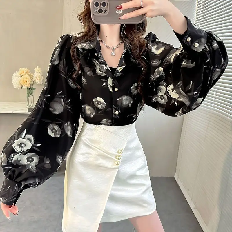 Autumn Women\'s Vintage Floral Print Button Up Shirt Office Lady Lapel Elegant Chiffon Blouse Chic Lantern Long Sleeve Loose Tops