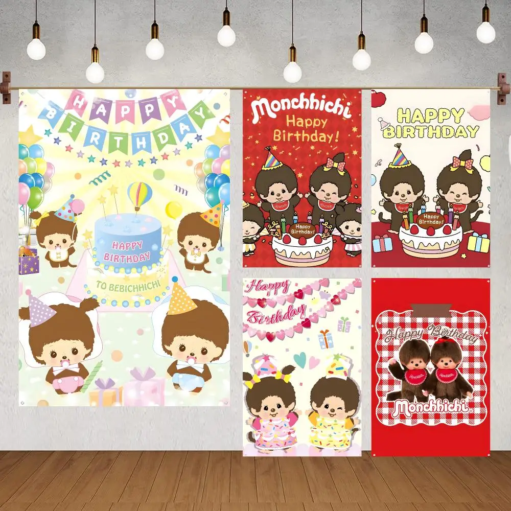 Character Toy Monchhichi Flags for indoor decoration with no edging and four corner rings for easy hanging