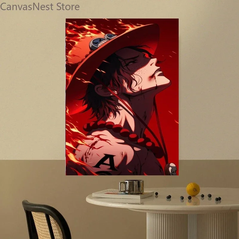 Anime Portgas D Ace Canvas Wall Art Red Fire Background Character Print Painting for Anime Fans Bedroom Wall Decor