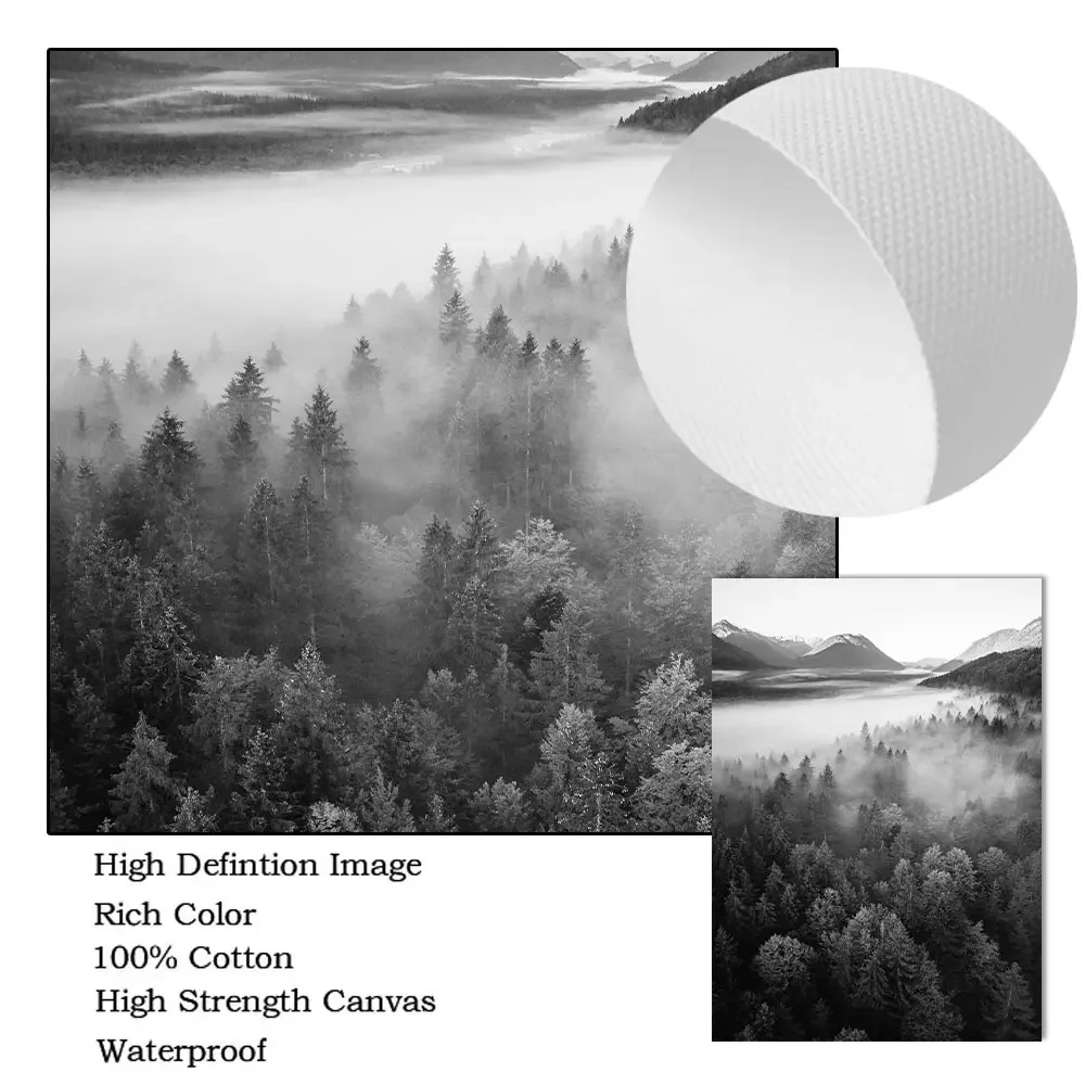 Black And White Lake Boat Tree Painting Fog Forest Mountain Canvas Art Poster Natural Landscape Print Wall Pictures Home Decor