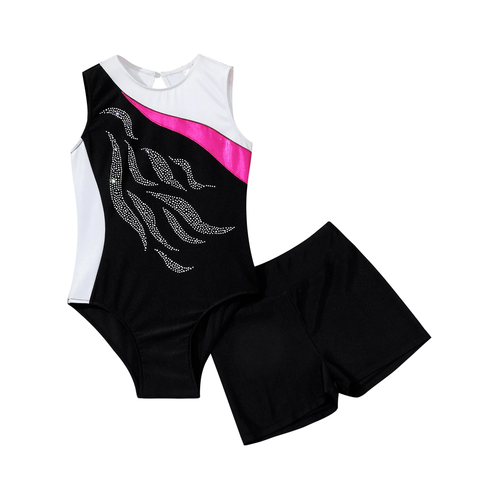 Kids Girls Gymnastics Suit Ballet Dance Outfit Shiny Rhinestone Jersey Dancewear Hollow Back Dance Leotards with Boxer Shorts