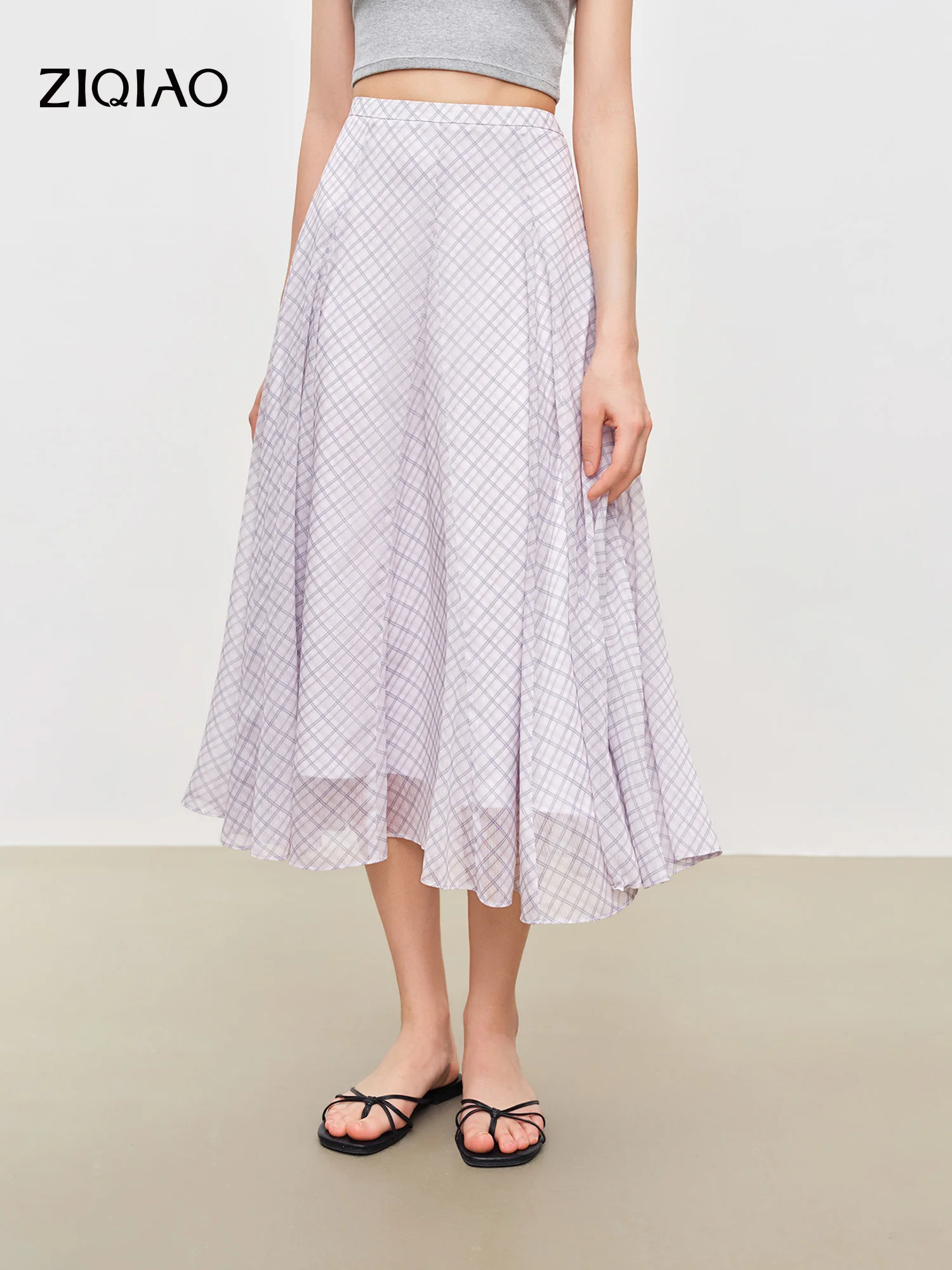 ZIQIAO 2026 Summer Women's Lilac Plaid High Waist A-Line Skirt for Daily and Resort Wear​