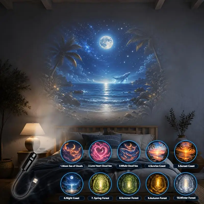 USB Healing Landscape Projector Light 10 Patterns Flexible Rotation Moon Cloud Sea Forest Coast Projection Lamp For Bedroom