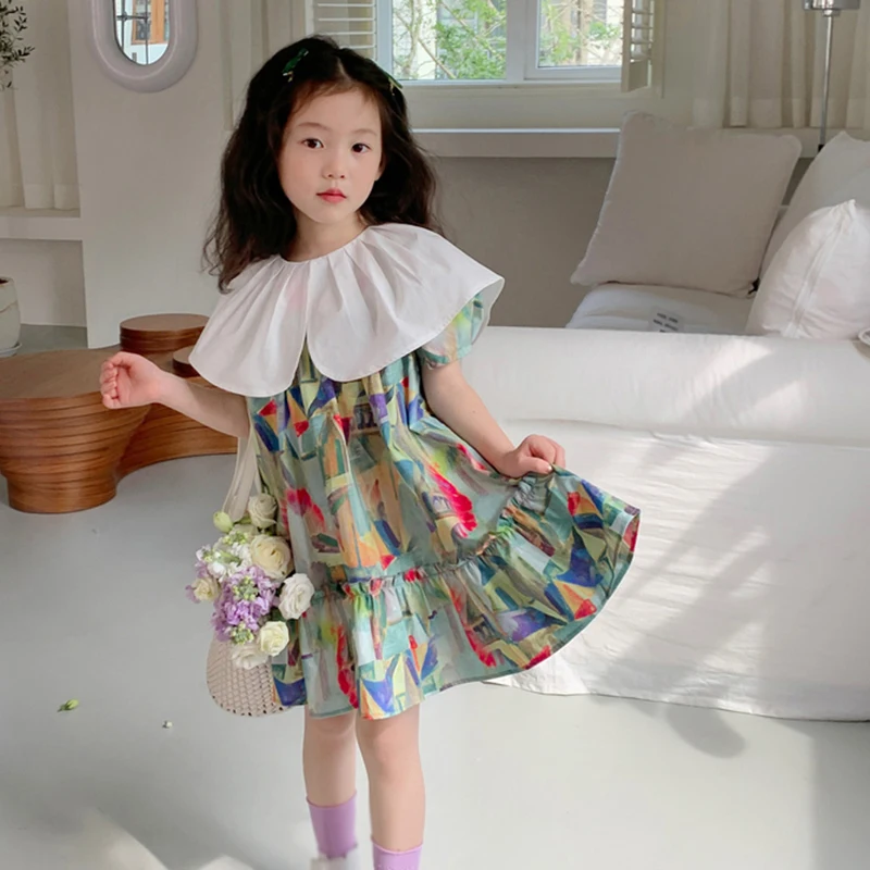 3-8T Baby Girls Summer Printed Dress Puff Sleeve Big Collar Kids Children Korean Style Elegant Lapel Dresses Girl Beach Vestidos