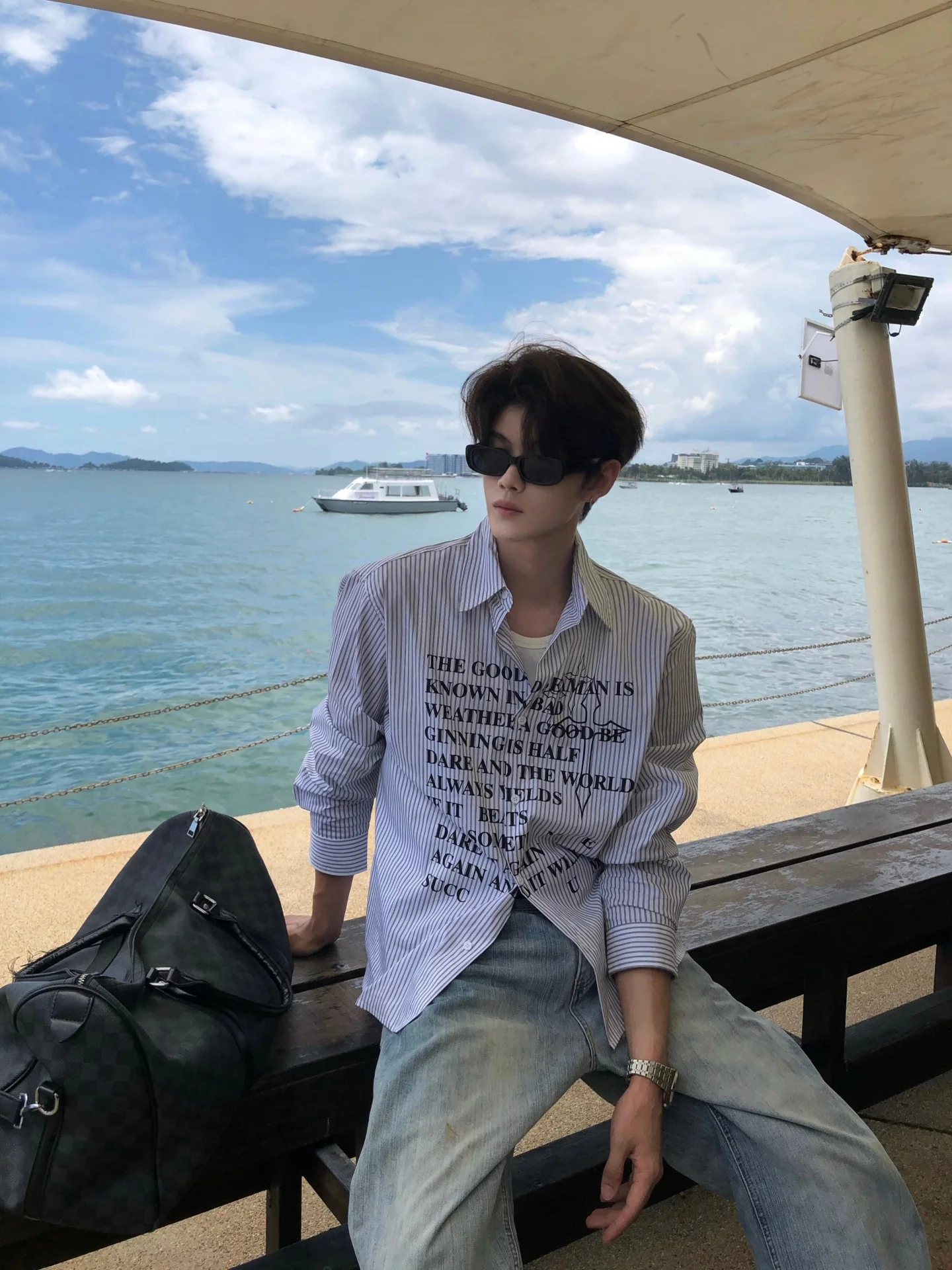 Aceh American High Street Retro Striped Men's Shirt Deconstructed Letter Print Loose Fit Fashionable Cotton Long Sleeve Butto...