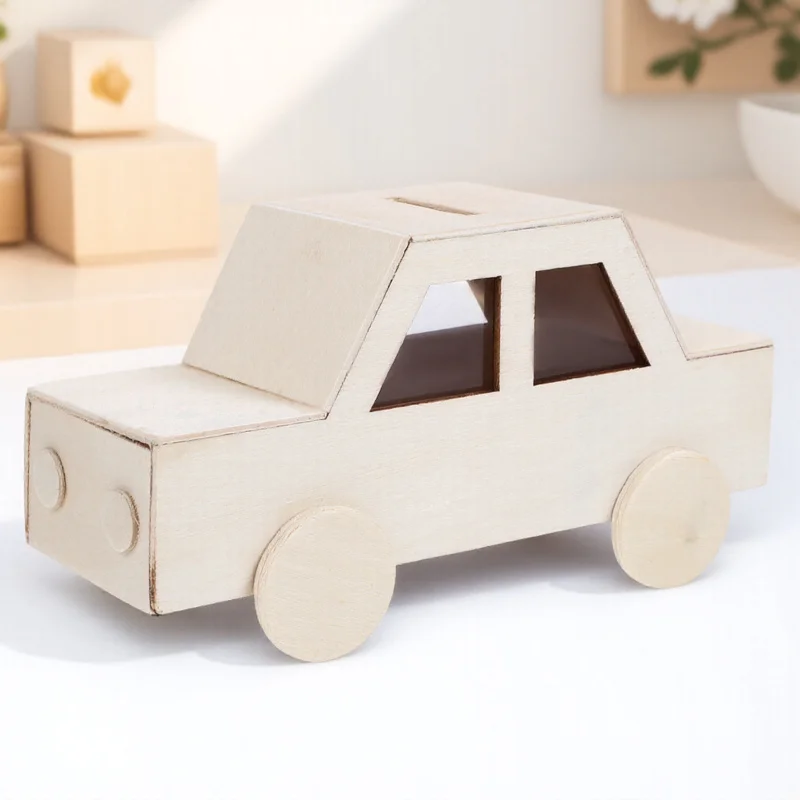 Boîte à monnaie en bois artisanale pour voiture, tirelire non peinte pour enfants, conteneur d'économie d'argent amusant, activité artisanale, article de décoration pour la maison