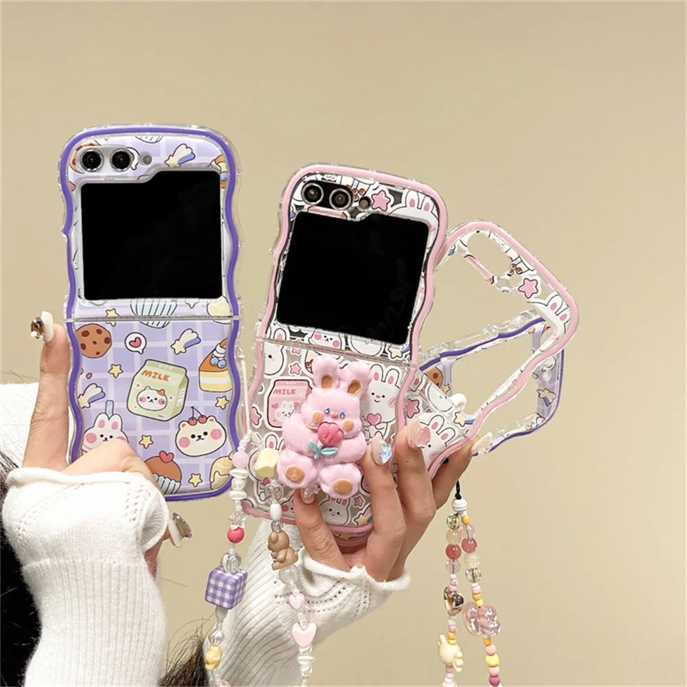 Rabbit Stand Cartoon Wave Border Phone Case for Samsung Galaxy Zflip5 Z Flip6 Flip 3 4 5 6 Z Flip4 Flip3 Bead Wristband Cover