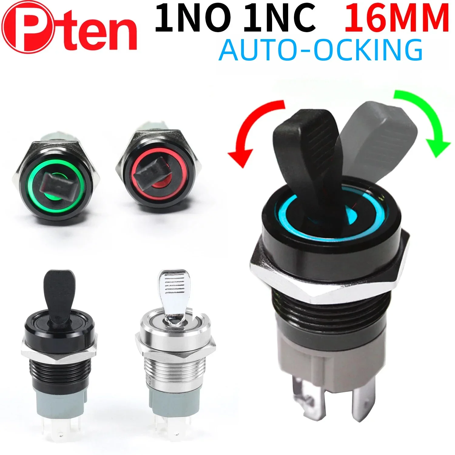 Interrupteur à bascule en métal à courant élevé, 16MM, autobloquant, marche-arrêt, bouton-poussoir étanche, 2 Positions, 1NO1NC, Led éclairée
