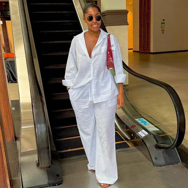 

2026 Elegant and Casual 2-Piece Set Spring White Collar Long Sleeved Shirt and High Waisted Straight Leg Pants Set for Women