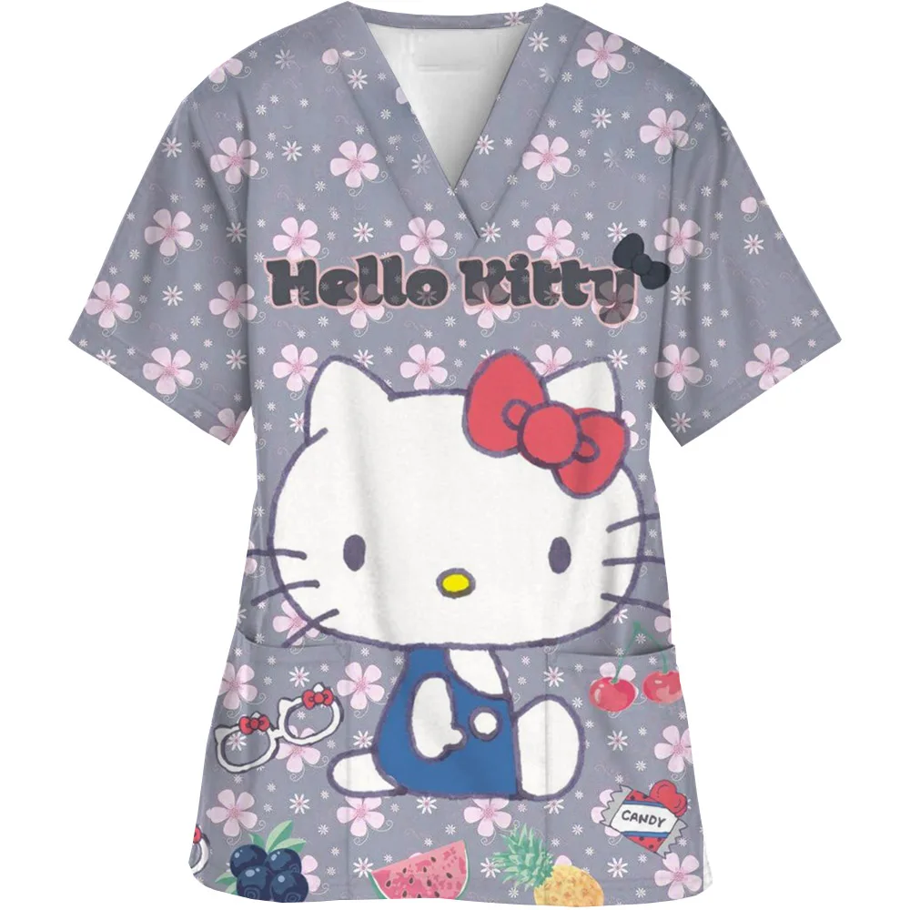 

Kawaii Nurse Uniform Scrubs Miniso Womens Cartoon Hello Kitty Print Short Sleeve Pocket Overalls Uniforms Medical Nursing Blouse