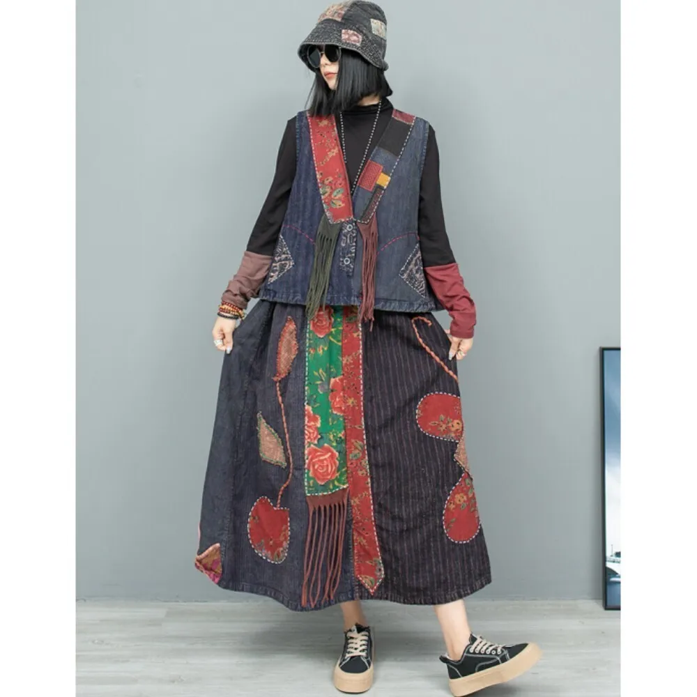 Ethnic Style Heavy Industry Hand Embroidered Old Cloth Cardigan Vest + Half Skirt Two-piece Set Women 2024 Autumn ZF215