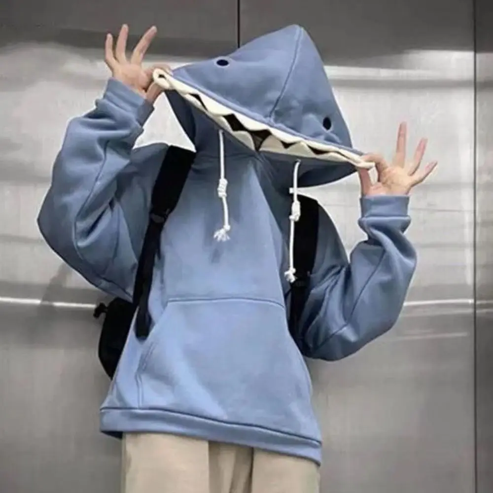 

Long Sleeve Fleece Shark Hoodies Drawstring Pullover Hooded Sweatshirts Casual Loose Shark Hat Sweater School Student