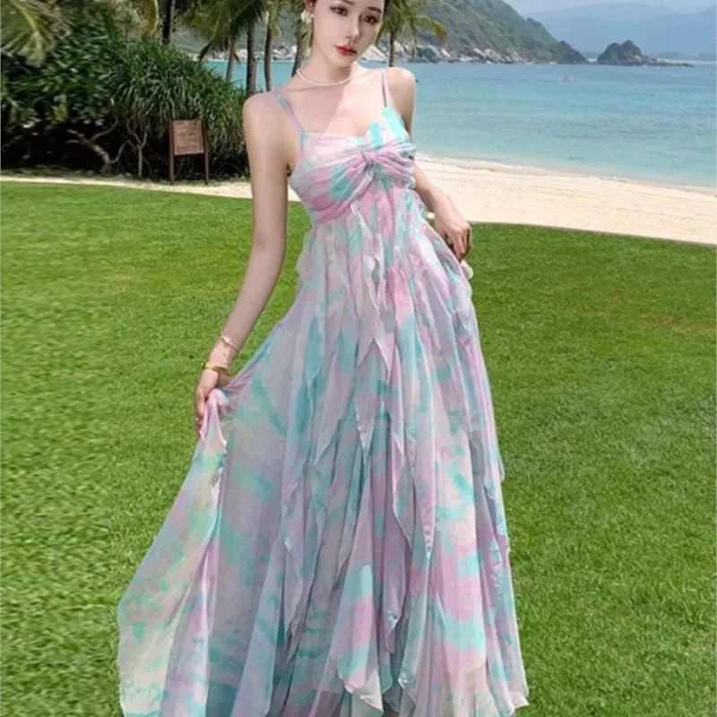 Gradient Chiffon Suspender Dress Season-Sensitive Elegant Women's Seaside Vacation Photo