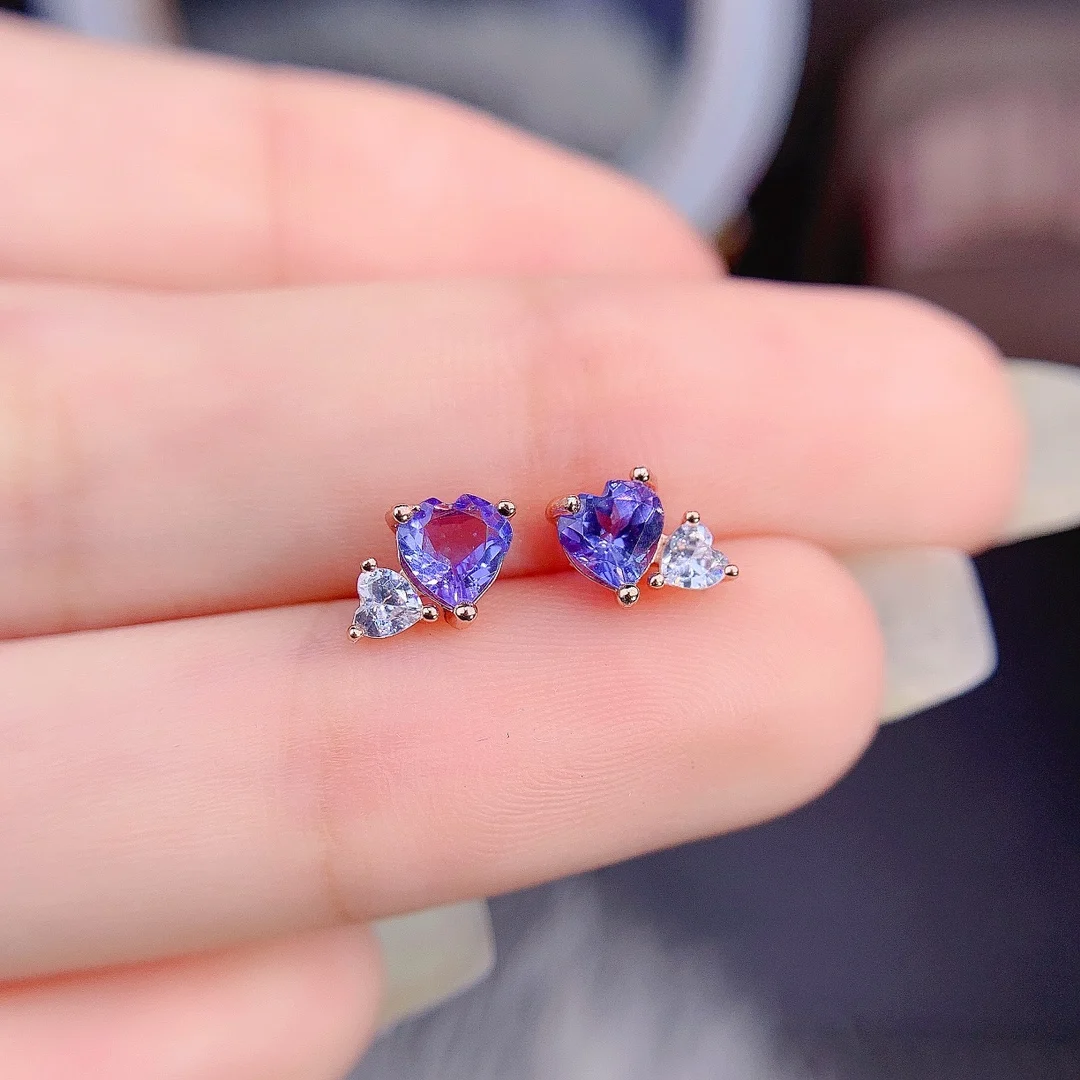 Natural Tanzanite earrings, 925 silver certification, heart shaped 5x5mm purple gem, beautiful girl gift, free delivery