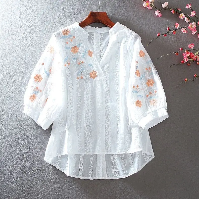 Blouse Small fresh embroidery flower lace cotton central sleeves garden design before long high waist shirt women's clothing