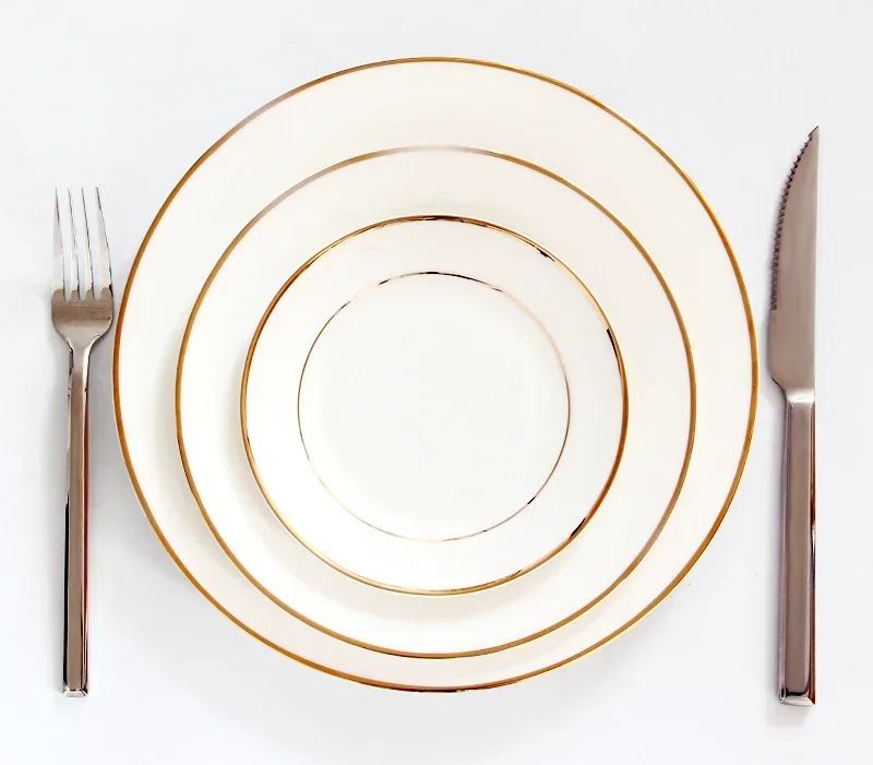 3pcs/lot, 10&8&6 Inch, Real Bone China Dinner Plates, Golden Lined Dishes and Plates Sets, Cake Plate Servies, Porcelain Platter
