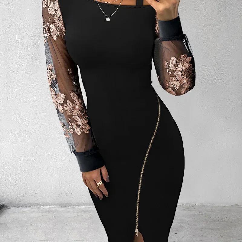 Bodycon Dress Zip Up Floral Pattern Contrast Sequin Cold Shoulder Sheer Mesh Patch Midi Dress