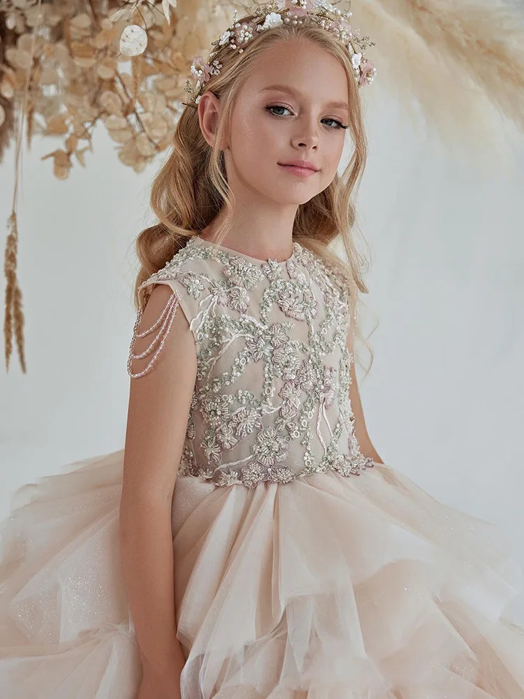 Girls communion princess Flower embroidery lace fluffy cake tulle dress children birthday party dance flower girl wedding dress