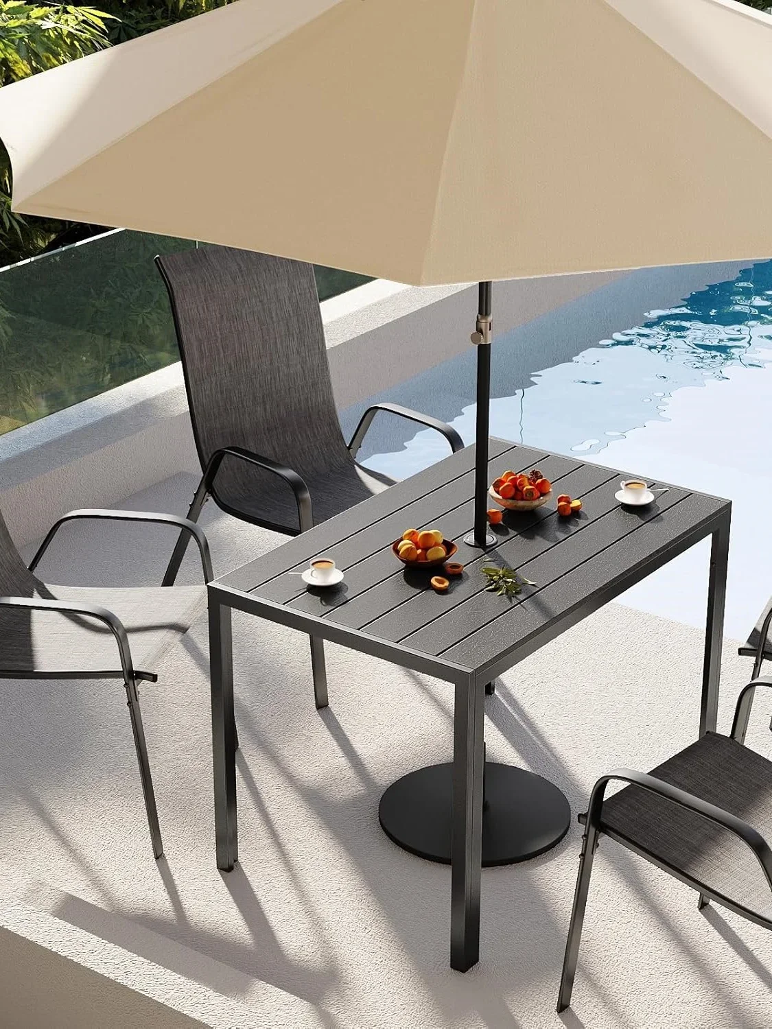 Gartentisch für den Außenbereich mit Sonnenschirmloch, Terrassentisch, Aluminium-Metallrahmen, Esstisch, rechteckig, wetterfest, Balkon