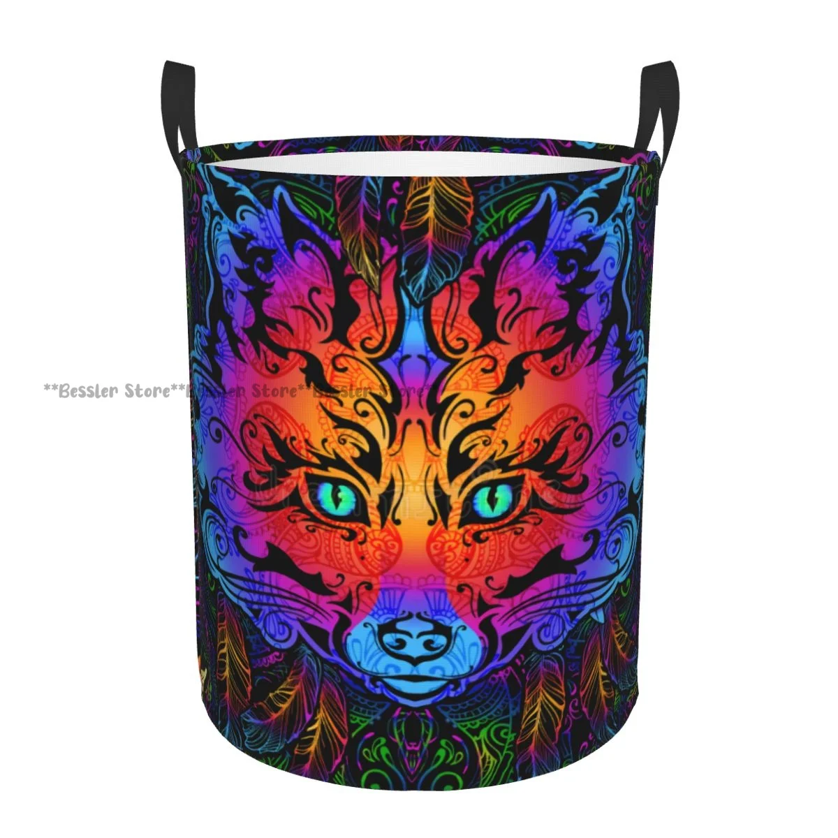 Folding Laundry Basket Psychedelic Mandala Fox Round Storage Bin Hamper Collapsible Clothes Bucket Organizer