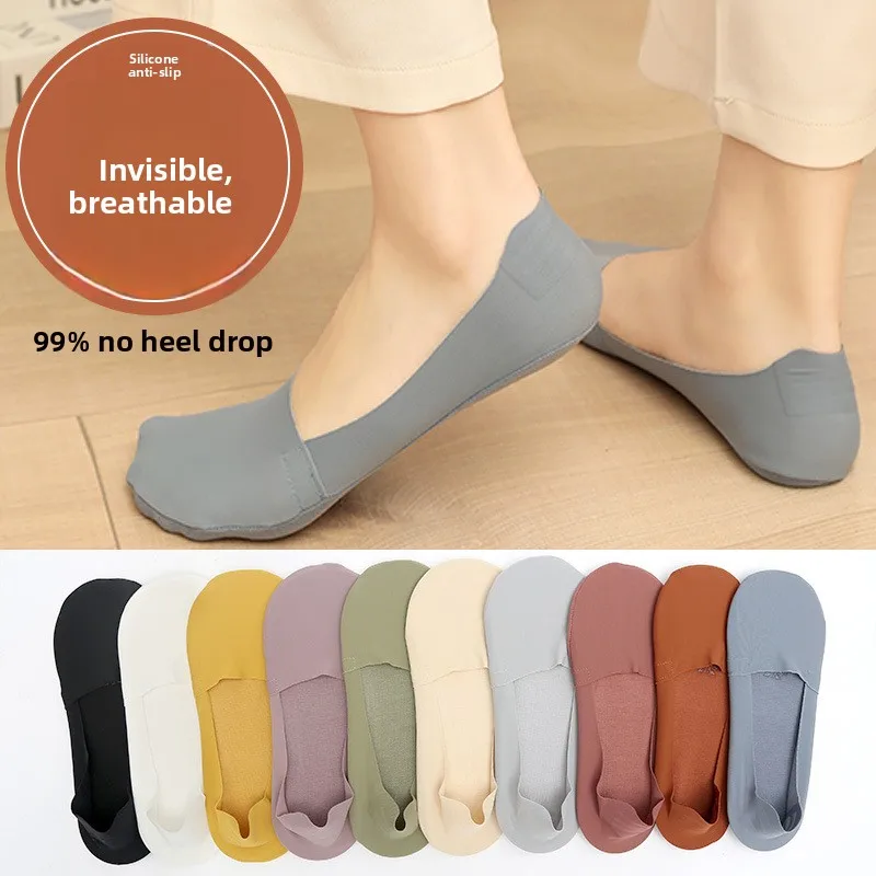 Women No Show Socks Ice Silk Summer Thin Breathable Terry Bottom Moisture Wicking Silicone Non Slip Low Cut Invisible Short Sock