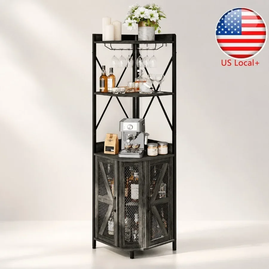 72in Corner Wine Cabinet for Home Bar Use, Industrial Metal and Wood, 12 Colors Available, LED Strip Tempered Glass, 5-Tier Fre