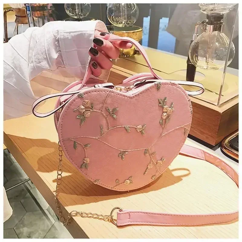 Autumn Literature Art Chinese Style Fashion Single Shoulder Women's PU Leather Lace Peach Heart Jelly Cross Shoulder Small Bag