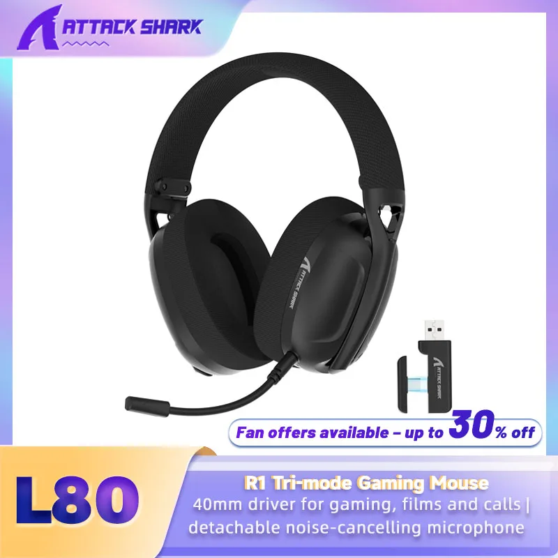 ATTACK SHARK L80 Wireless Gaming Headset, 2.4G & Bluetooth 5.2, 50H Battery, Noise Cancelling Mic, 3.5mm, for PC PS5 PS4 Switch