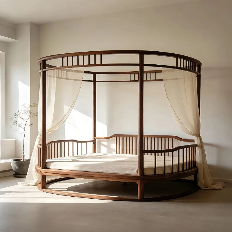 

Walnut shelf bed Song-style aesthetics minimalist Zen four-poster bed bedroom solid wood round bed
