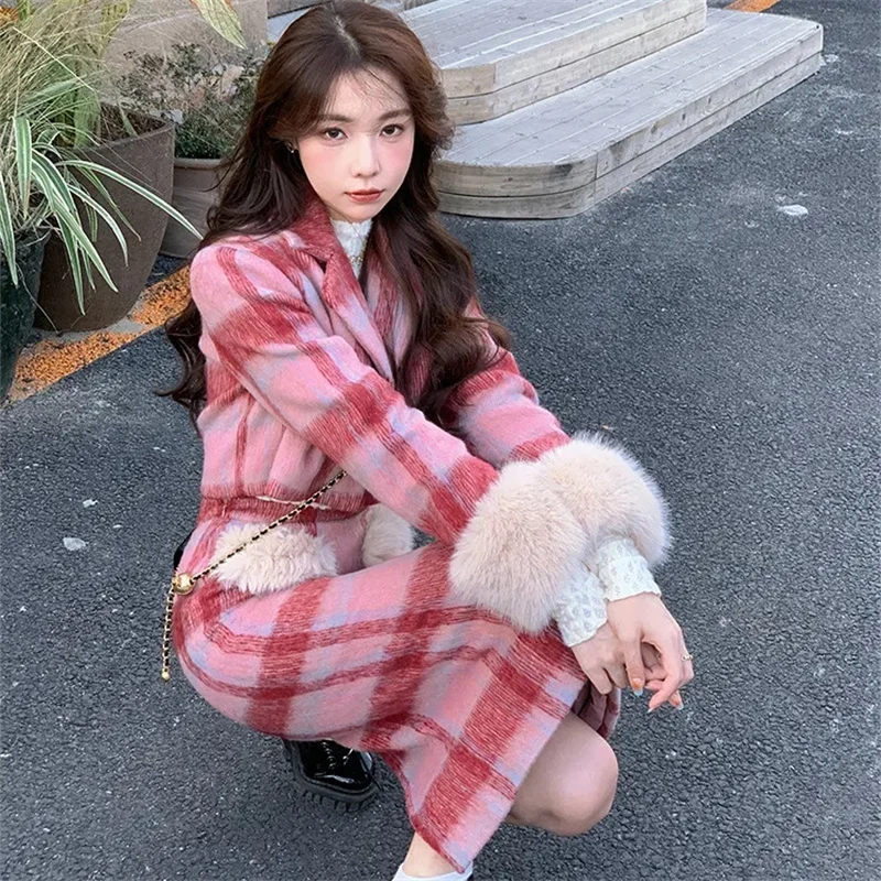 

Streetwear Women Plaid Woolen Suits Two Piece Sets High Waist Mini Skirt Season Wool Blends Short Jacket Outerwear Button 837