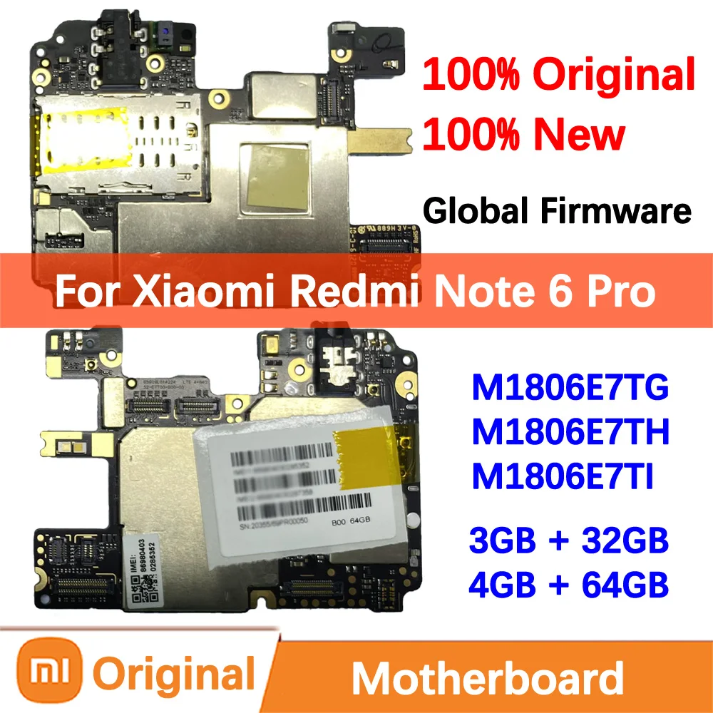 

100% Brand New Original Motherboard for Xiaomi Redmi Note 6 Pro Mainboard Logic Circuit Board Plate Global Unlocked M1806E7T