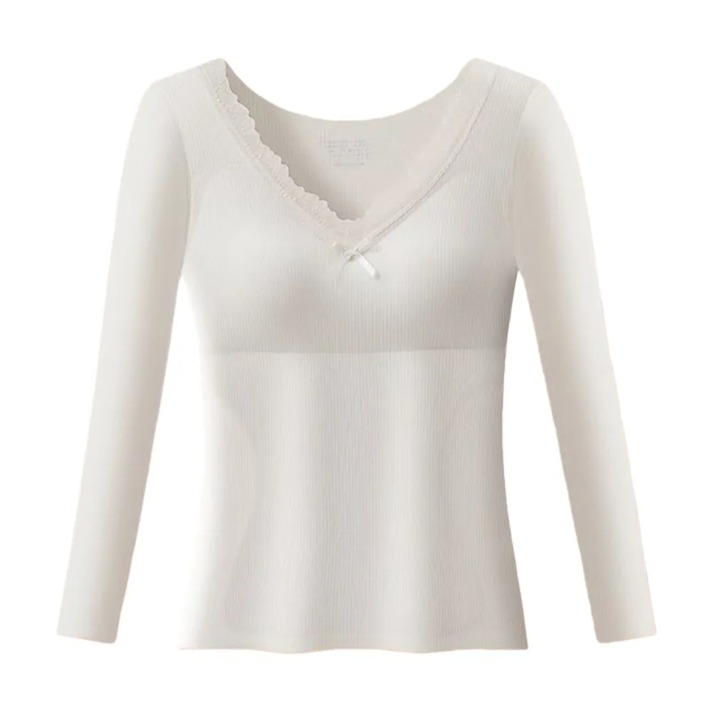 Lace Women Wool Thermal Clothes Invisible V Neck Thermal Underwear Wool Fleece Lingerie Warmth Long Tops Girls Female