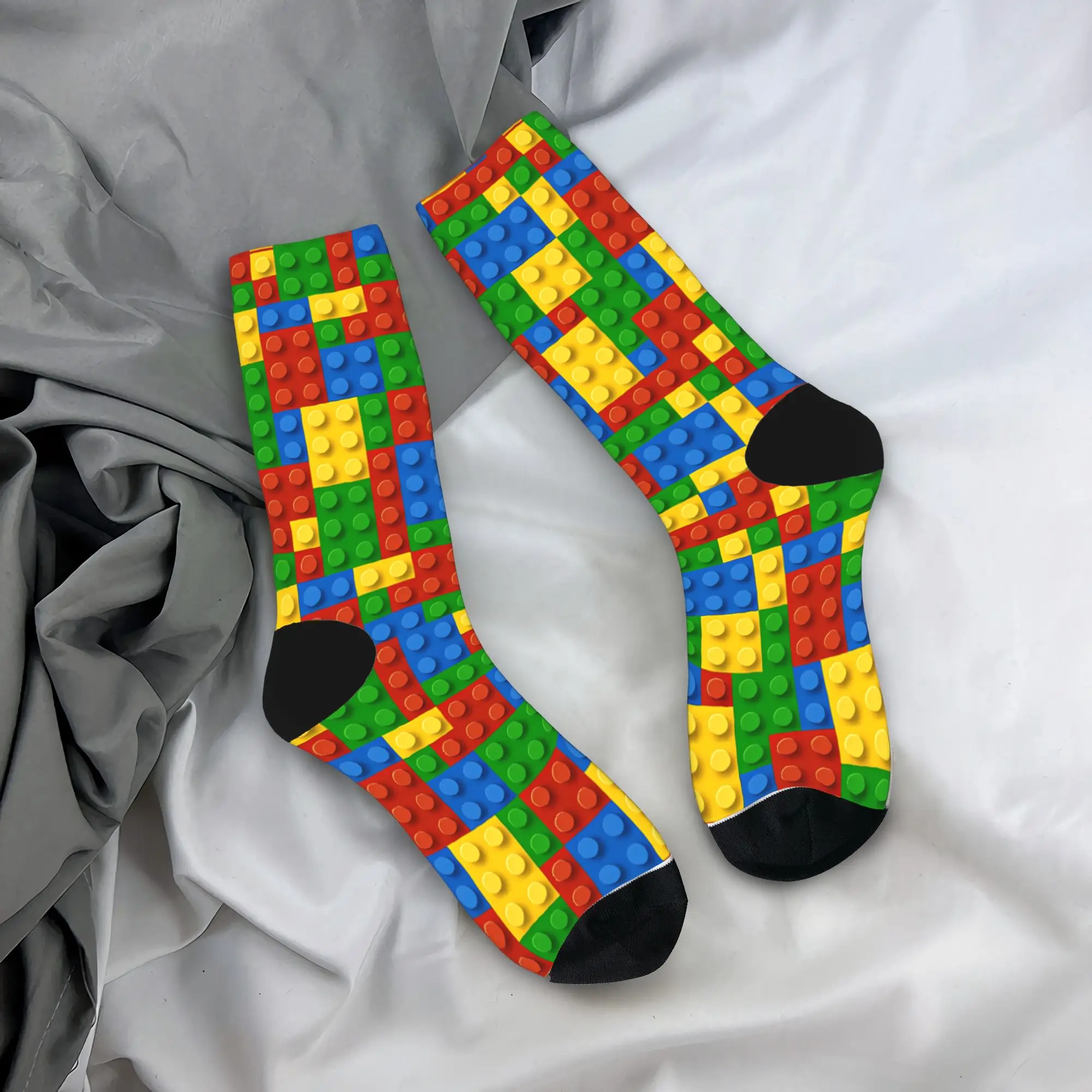 Classic Rainbow Building Blocks Socks  Retro Stockings Autumn Anti Slip Men Socks Warm Soft Design Cycling Socks