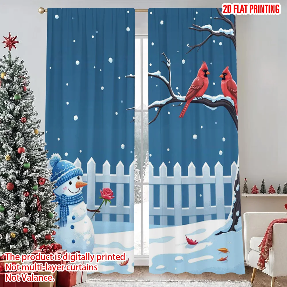 

2pcs 2D flat printing Merry Christmas Window Drapes Winter Wonderland Snowman Durable Polyester Without Electricity Festive Wall
