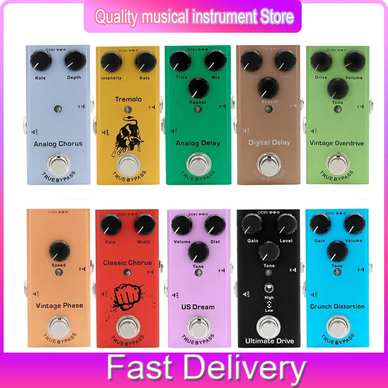 Pedal de Efeito para Guitarra Elétrica Vintage Overdrive/Crunch Distortion/Chorus Clássico/US Dream/Digital Delay/Analog Delay/Peças para Guitarra