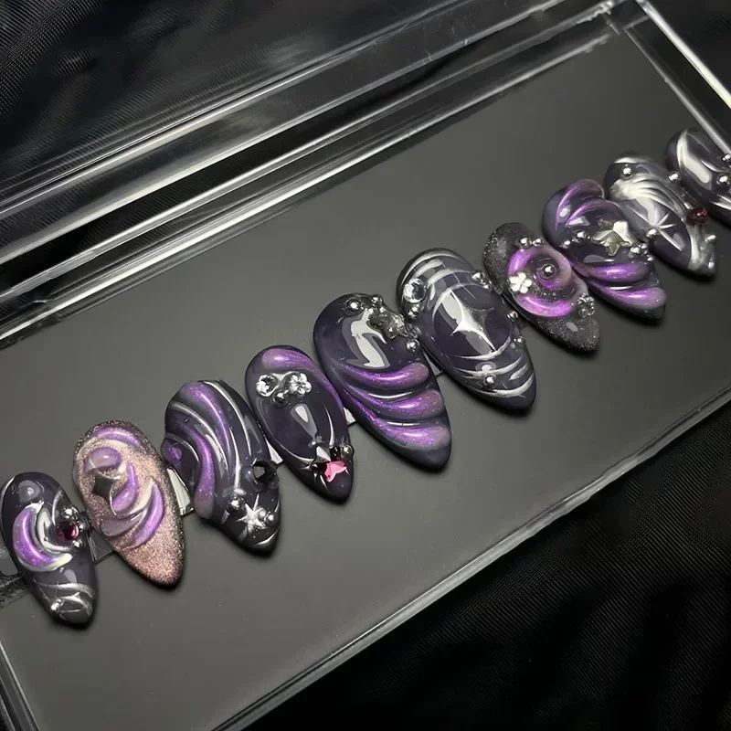 24Pcs False Nails Spicy Girl Silver Bow with Diamond Fake Nails with Glue Almond Press on Nails Black Cool Y2k Almond Nail Set