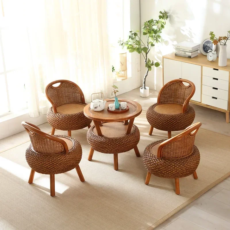 rattan chair balcony arm household round stool low stool rattan chair pastoral woven small natural