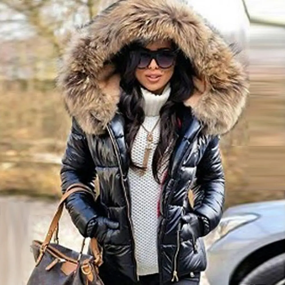 

Faux Fur Collar Glossy Women Parka Winter Jacket Coats Cotton Down Hooded Overcoat Windproof Casual Jackets Women Coat Outerwear