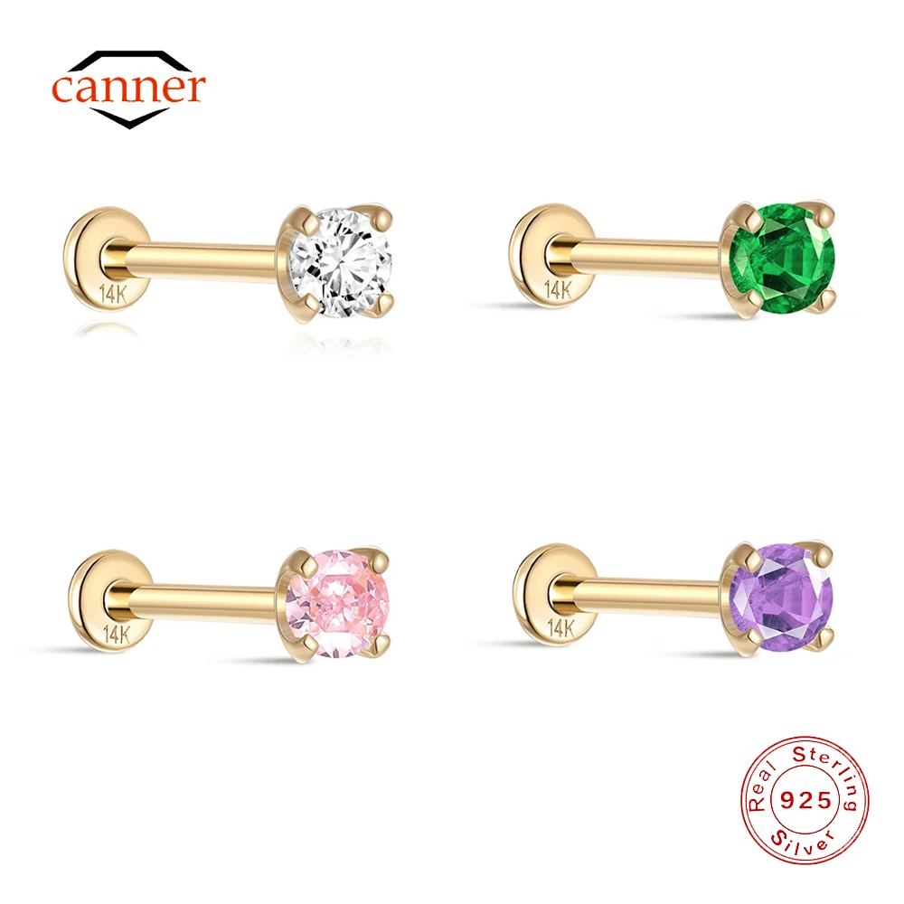 CANNER 1PC 5/6.5/8mm Post 14K Solid Gold 4-Prong Color CZ Piercing Earrings For Women Ins Mini Cubic Oxygen Ear Stud Jewelry